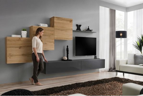 Muebles de salón de diseño en gris, mueble de TV, aparador moderno y estante de pared.