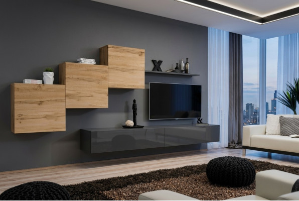 Muebles de salón de diseño en gris, mueble de TV, aparador moderno y estante de pared.