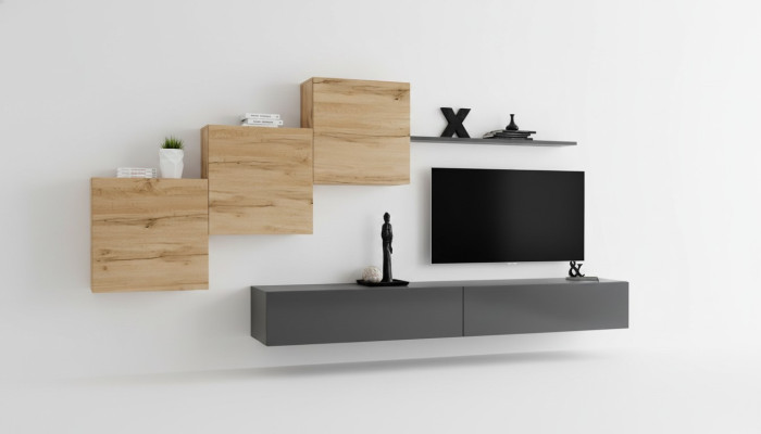 Muebles de salón de diseño en gris, mueble de TV, aparador moderno y estante de pared.