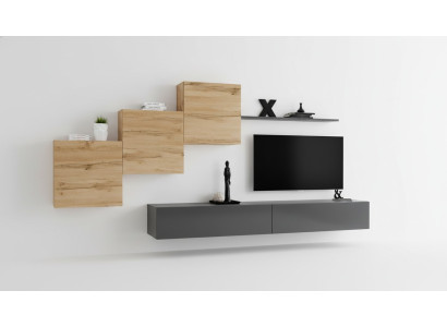 Muebles de salón de diseño en gris, mueble de TV, aparador moderno y estante de pared.