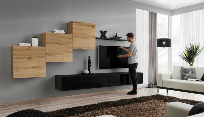 Moderno conjunto de muebles de pared completo con diseño de estante y aparador.