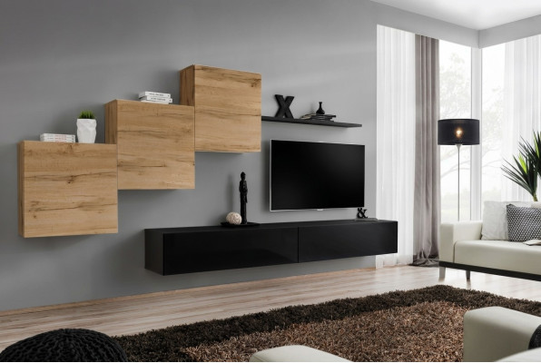 Moderno conjunto de muebles de pared completo con diseño de estante y aparador.