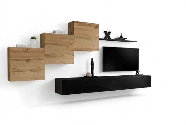 Moderno conjunto de muebles de pared completo con diseño de estante y aparador.