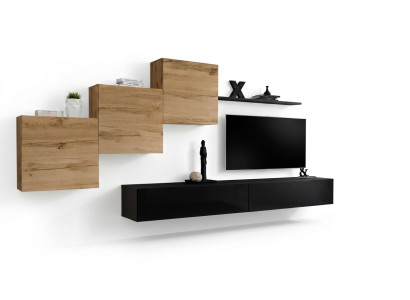 Moderno conjunto de muebles de pared completo con diseño de estante y aparador.