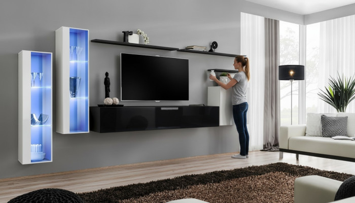 Conjunto de sala de estar negro, armario de pared, vitrina, paredes de sala de lujo, soporte para TV, diseño nuevo.