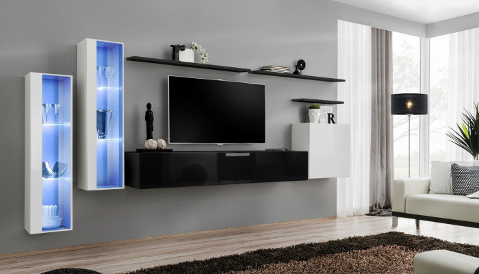 Conjunto de sala de estar negro, armario de pared, vitrina, paredes de sala de lujo, soporte para TV, diseño nuevo.