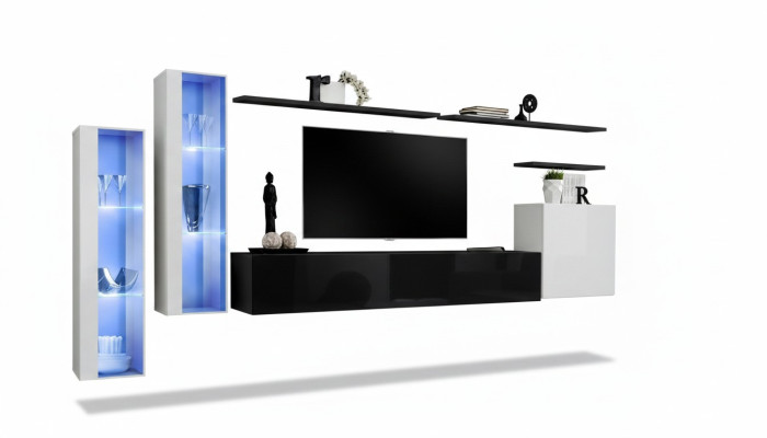 Conjunto de sala de estar negro, armario de pared, vitrina, paredes de sala de lujo, soporte para TV, diseño nuevo.