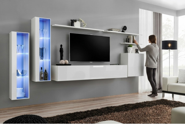 Blanco conjunto completo de pared para televisión, estante de diseño para sala de estar de lujo, armario para pared.