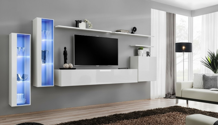 Blanco conjunto completo de pared para televisión, estante de diseño para sala de estar de lujo, armario para pared.