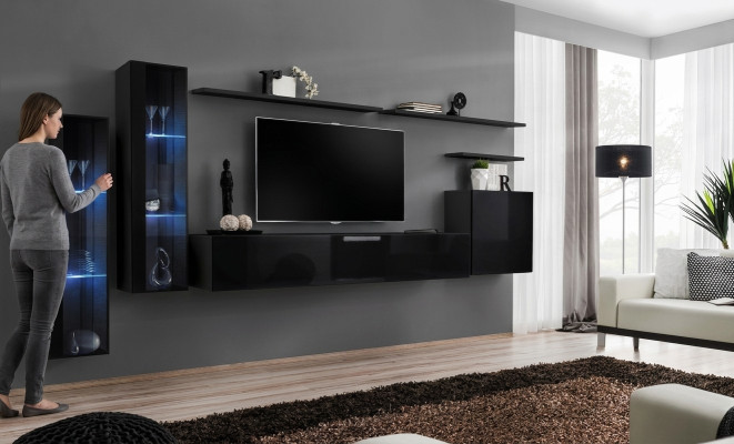 Negro conjunto de salón de lujo, compuesto por estantería de pared, vitrina y conjunto de muebles de salón.