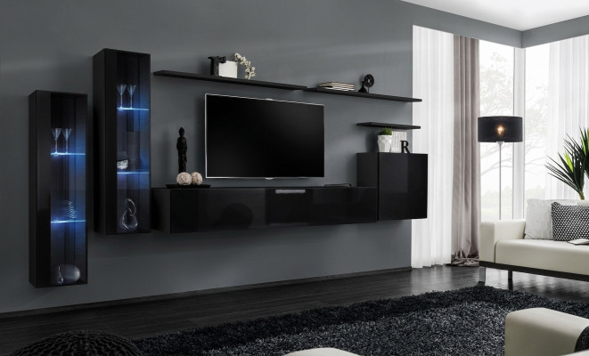 Negro conjunto de salón de lujo, compuesto por estantería de pared, vitrina y conjunto de muebles de salón.