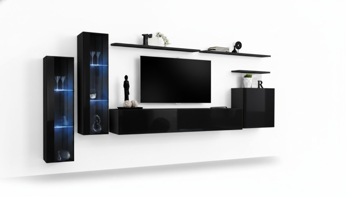 Negro conjunto de salón de lujo, compuesto por estantería de pared, vitrina y conjunto de muebles de salón.