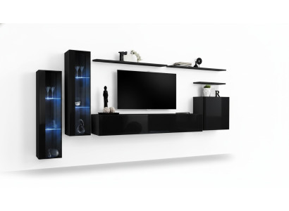 Negro conjunto de salón de lujo, compuesto por estantería de pared, vitrina y conjunto de muebles de salón.