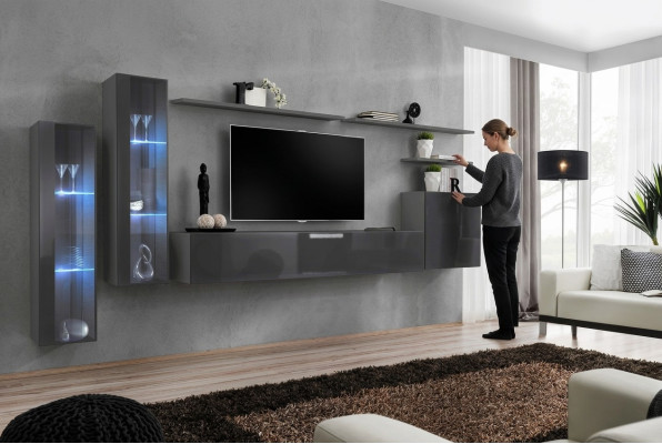 Gris pared sala de estar estante de pared soporte de TV conjunto de muebles de lujo mobiliario moderno