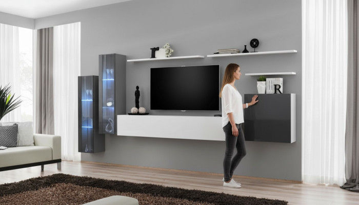 Conjunto de mueble de salón, soporte de TV, estante de pared, armario de pared de lujo, mobiliario de diseñador.