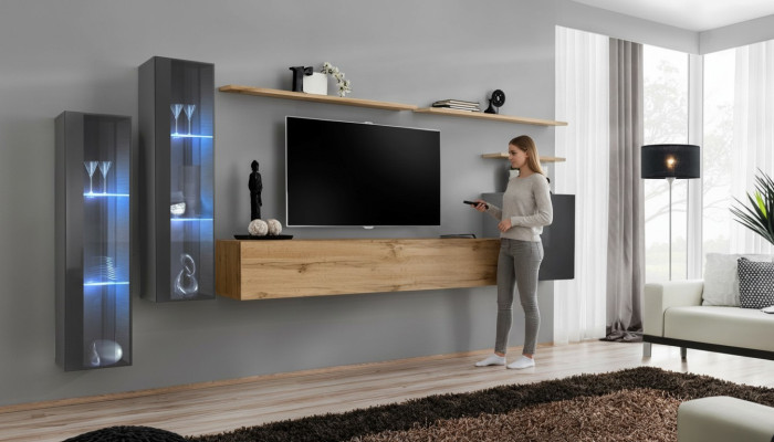 Conjunto de sala de estar Mueble de pared marrón Lujo Armario de pared Soporte para TV Completo Aparador