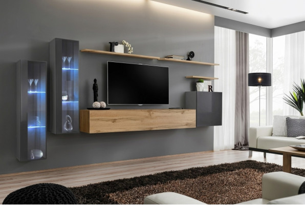 Conjunto de sala de estar Mueble de pared marrón Lujo Armario de pared Soporte para TV Completo Aparador