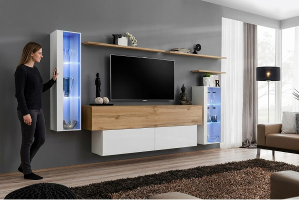 Mueble de pared moderno de lujo de madera con estantes de pared para la sala de estar, muebles de diseñador.