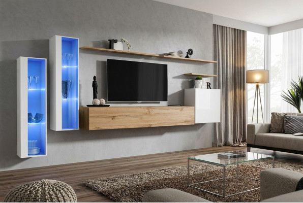 Mueble de pared moderno de lujo de madera con estantes de pared para la sala de estar, muebles de diseñador.