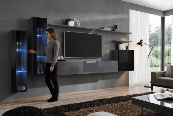 Sala de estar de madera completa gris con mueble de TV diseño 3x armario de pared lujo mueble de sala.