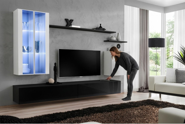 Sala de estar negro soporte para TV diseñador conjunto completo estante de pared moderno nuevo muebles