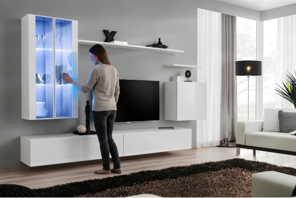 Mueble de pared de 7 piezas, 2 armarios colgantes, muebles de diseño, sala de estar, estilo moderno, soporte para TV.