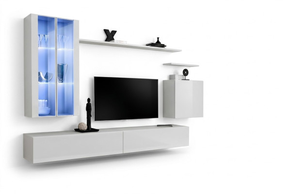 Mueble de pared de 7 piezas, 2 armarios colgantes, muebles de diseño, sala de estar, estilo moderno, soporte para TV.