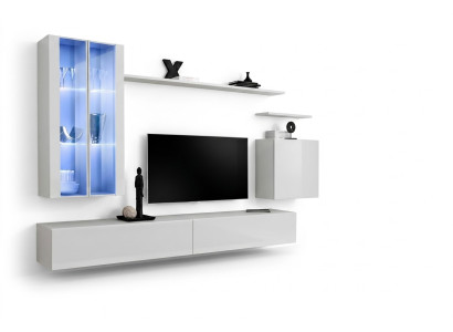 Mueble de pared de 7 piezas, 2 armarios colgantes, muebles de diseño, sala de estar, estilo moderno, soporte para TV.
