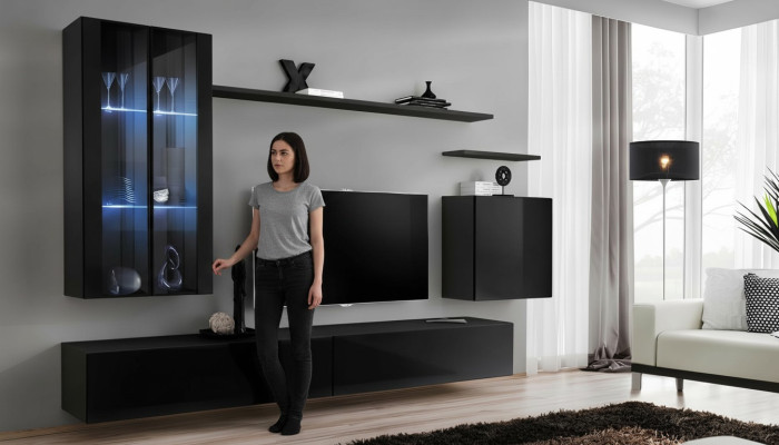 Muebles de salón, conjunto mural, armario de pared, aparador, negro, muebles de lujo de madera.