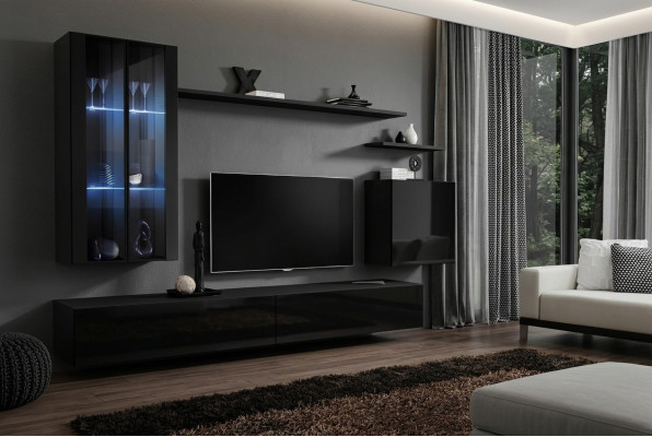 Muebles de salón, conjunto mural, armario de pared, aparador, negro, muebles de lujo de madera.