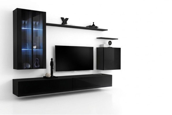 Muebles de salón, conjunto mural, armario de pared, aparador, negro, muebles de lujo de madera.