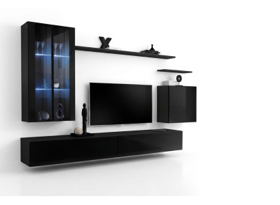 Muebles de salón, conjunto mural, armario de pared, aparador, negro, muebles de lujo de madera.
