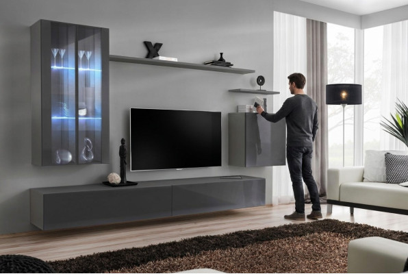 Mueble de salón gris, muebles de salón, armario de pared, muebles de madera, lujoso aparador, nuevo.
