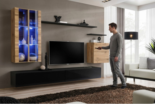 Mueble de salón en madera negra, soporte para TV, aparador, armario de pared, muebles de madera, nuevo.