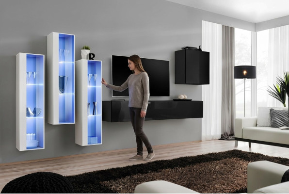 Negro soporte TV conjunto de pared de 5 piezas Armario de pared muebles de madera Diseñador Nuevo