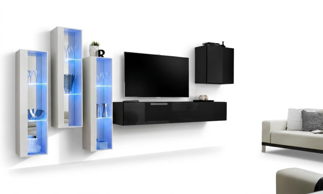 Negro soporte TV conjunto de pared de 5 piezas Armario de pared muebles de madera Diseñador Nuevo