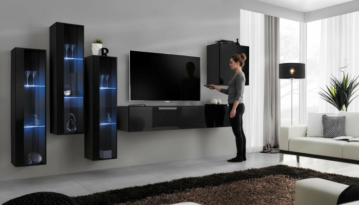 Conjunto de salón negro compuesto por vitrina, armario y estante de pared de 5 piezas.