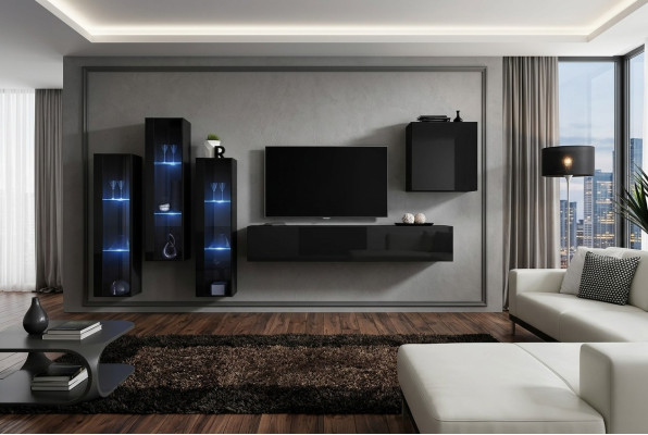 Conjunto de salón negro compuesto por vitrina, armario y estante de pared de 5 piezas.