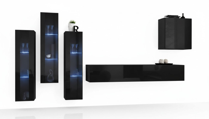 Conjunto de salón negro compuesto por vitrina, armario y estante de pared de 5 piezas.