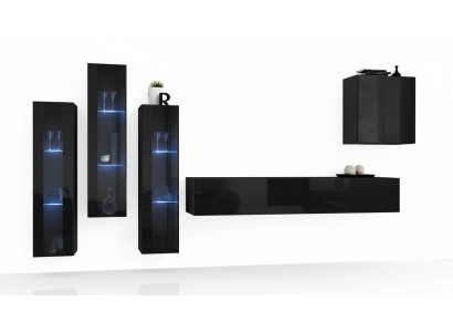Conjunto de salón negro compuesto por vitrina, armario y estante de pared de 5 piezas.