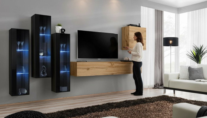 Mueble de salón moderno marrón, soporte de TV, armario de pared, muebles de madera de diseño de alto brillo.