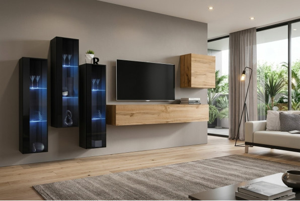 Mueble de salón moderno marrón, soporte de TV, armario de pared, muebles de madera de diseño de alto brillo.