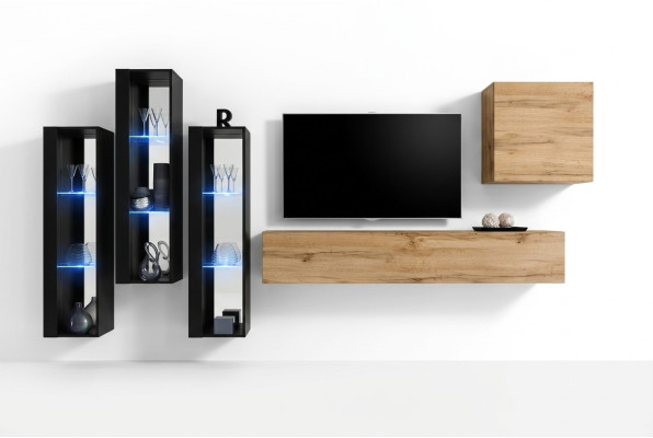 Mueble de salón moderno marrón, soporte de TV, armario de pared, muebles de madera de diseño de alto brillo.