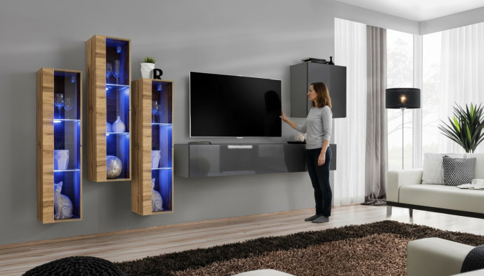 Mueble de salón de lujo en gris brillante, soporte de TV, aparador de diseñador, juego de sala de estar.