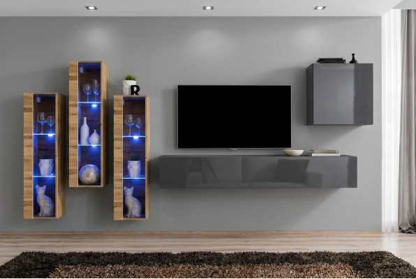 Mueble de salón de lujo en gris brillante, soporte de TV, aparador de diseñador, juego de sala de estar.