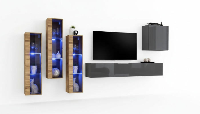 Mueble de salón de lujo en gris brillante, soporte de TV, aparador de diseñador, juego de sala de estar.