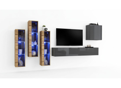 Mueble de salón de lujo en gris brillante, soporte de TV, aparador de diseñador, juego de sala de estar.