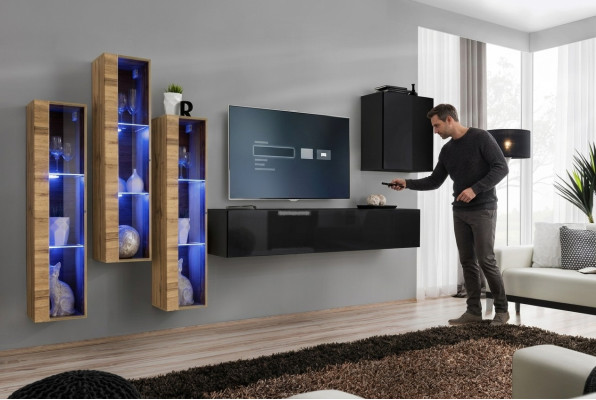 Mueble de pared para salón de lujo en negro de alto brillo, completo y nuevo de madera.
