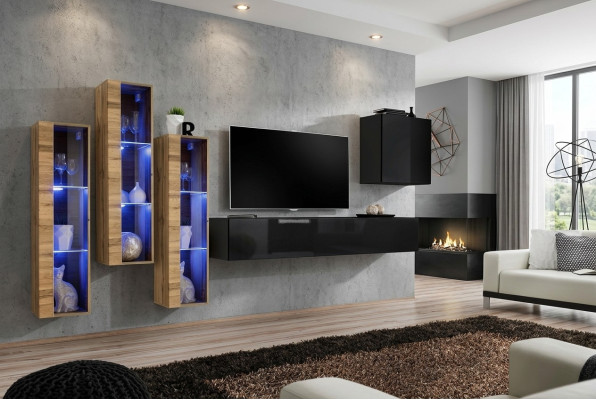 Mueble de pared para salón de lujo en negro de alto brillo, completo y nuevo de madera.