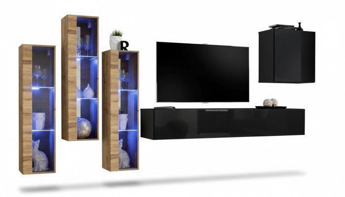 Mueble de pared para salón de lujo en negro de alto brillo, completo y nuevo de madera.